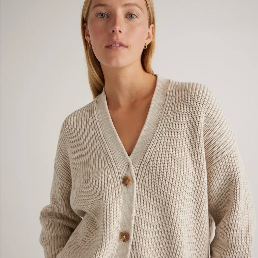 Quince Cream V-Neck Button Front Knit Cropped Cardigan Fisherman - Picture 3 of 8
